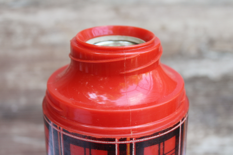 photo of vintage Aladdin Plaid red tartan thermos w/ plastic cup & stopper, glass lined bottle #3