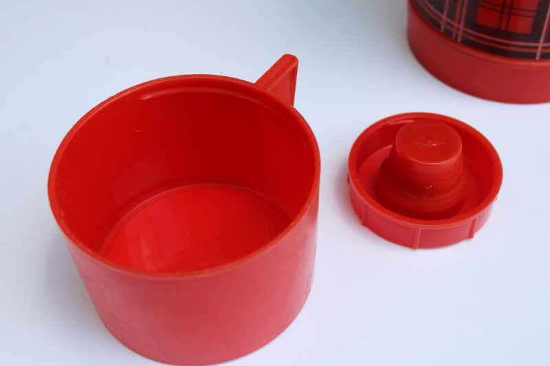 photo of vintage Aladdin Plaid red tartan thermos w/ plastic cup & stopper, glass lined bottle #4
