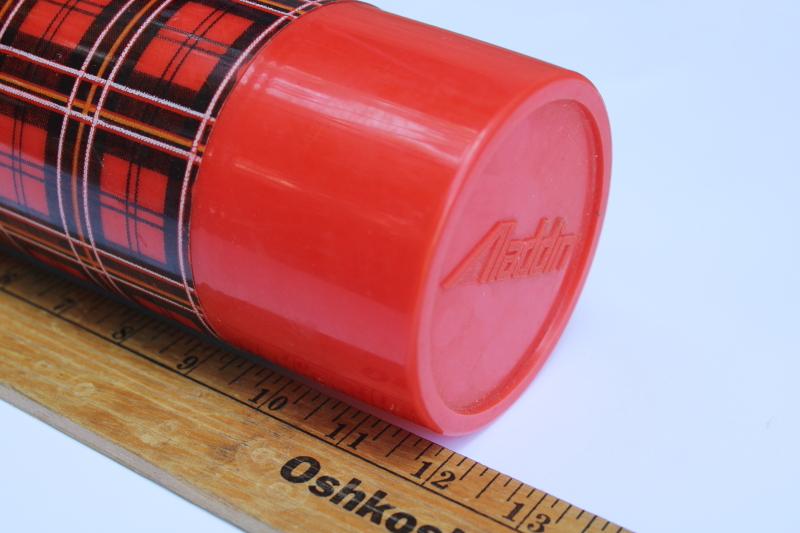 photo of vintage Aladdin Plaid red tartan thermos w/ plastic cup & stopper, glass lined bottle #6