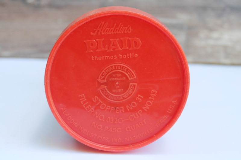photo of vintage Aladdin Plaid red tartan thermos w/ plastic cup & stopper, glass lined bottle #7