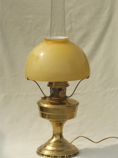 photo of vintage Aladdin brass lamp, converted model 12 oil lamp w/ cased glass shade #1