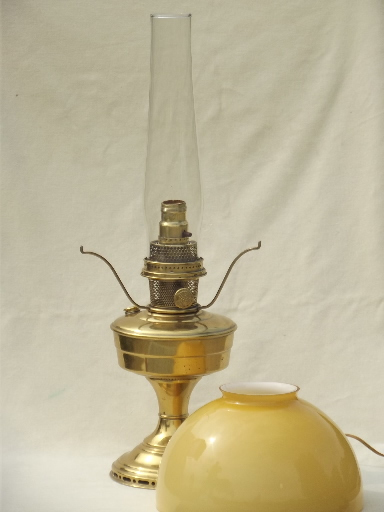 photo of vintage Aladdin brass lamp, converted model 12 oil lamp w/ cased glass shade #5