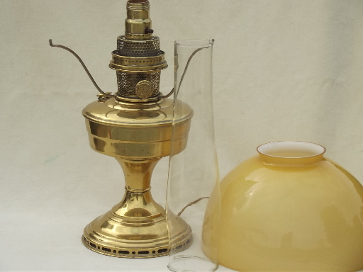 photo of vintage Aladdin brass lamp, converted model 12 oil lamp w/ cased glass shade #7