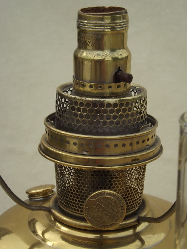 photo of vintage Aladdin brass lamp, converted model 12 oil lamp w/ cased glass shade #8