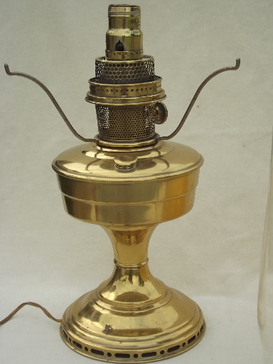 photo of vintage Aladdin brass lamp, converted model 12 oil lamp w/ cased glass shade #10