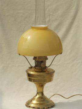 catalog photo of vintage Aladdin brass lamp, converted model 12 oil lamp w/ cased glass shade