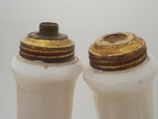 photo of vintage Aladdin glass lamps, art deco alacite milk glass lamp bases #7