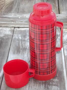 catalog photo of vintage Aladdin red plaid thermos bottle for camping, picnics