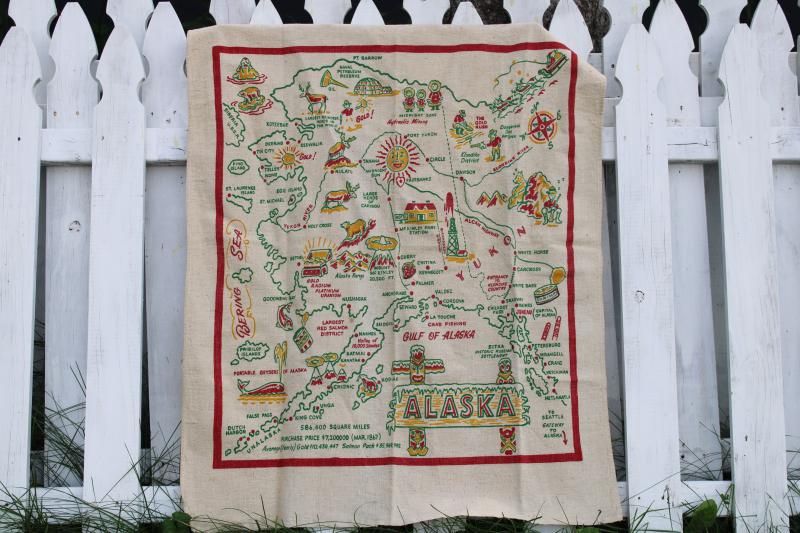 photo of vintage Alaska souvenir map print cotton tablecloth for retro kitchen or wall hanging #1