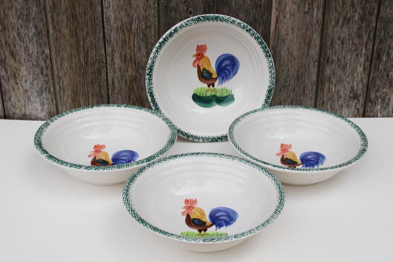 photo of vintage Alco stoneware big soup bowls, green sponge band w/ rooster set of four #1
