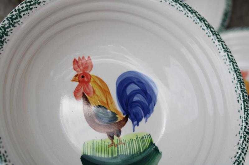 photo of vintage Alco stoneware big soup bowls, green sponge band w/ rooster set of four #2