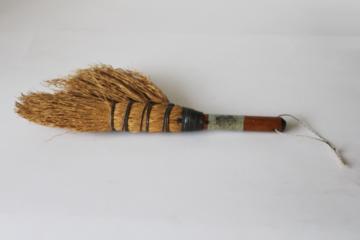 vintage Amana Colonies hand crafted primitive broom, hearth whisk brush wire wrapped wood handle 