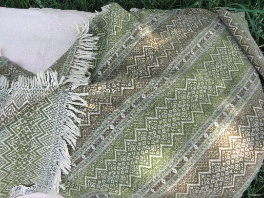 photo of vintage Amana camp blanket or throw, hand-woven wool, green and brown #1