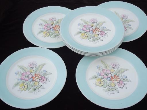 photo of vintage American Limoges china plates set, Oslo or Norway blue band border #1