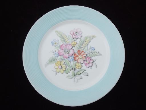 photo of vintage American Limoges china plates set, Oslo or Norway blue band border #2