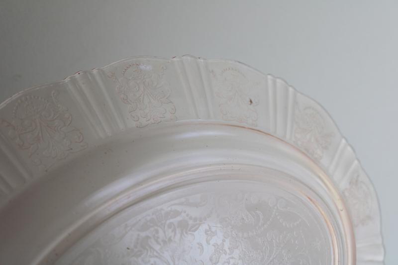 photo of vintage American Sweetheart pink depression glass platter, rare factory second #7