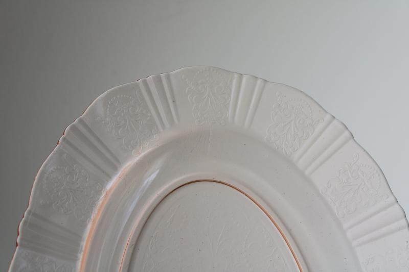 photo of vintage American Sweetheart pink depression glass platter, rare factory second #9