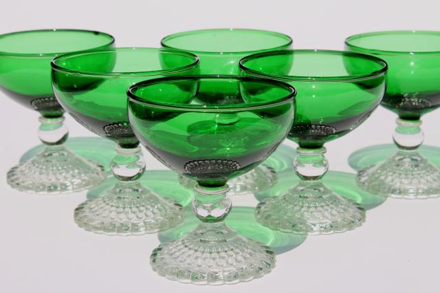 photo of vintage Anchor Hocking Berwick champagne coupes, forest green glass / crystal stem glasses #1