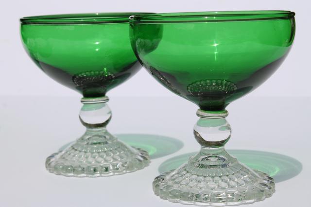 photo of vintage Anchor Hocking Berwick champagne coupes, forest green glass / crystal stem glasses #2