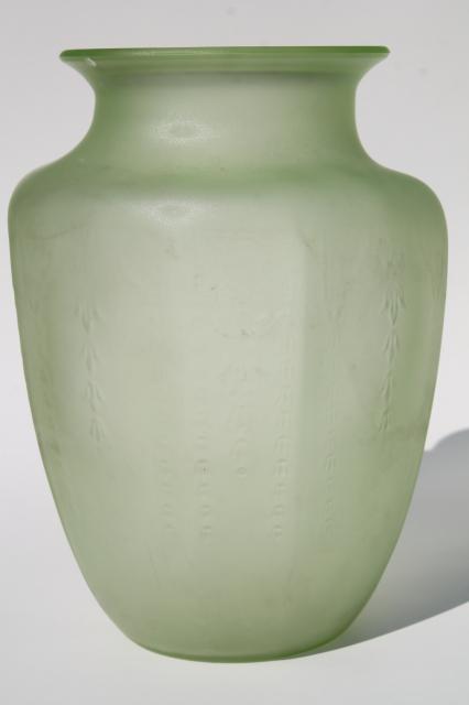 photo of vintage Anchor Hocking Cameo pattern green depression glass vase, satin frosted finish #1