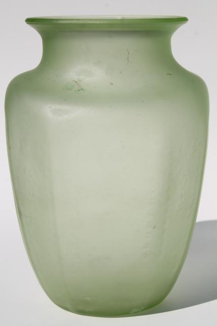 photo of vintage Anchor Hocking Cameo pattern green depression glass vase, satin frosted finish #3