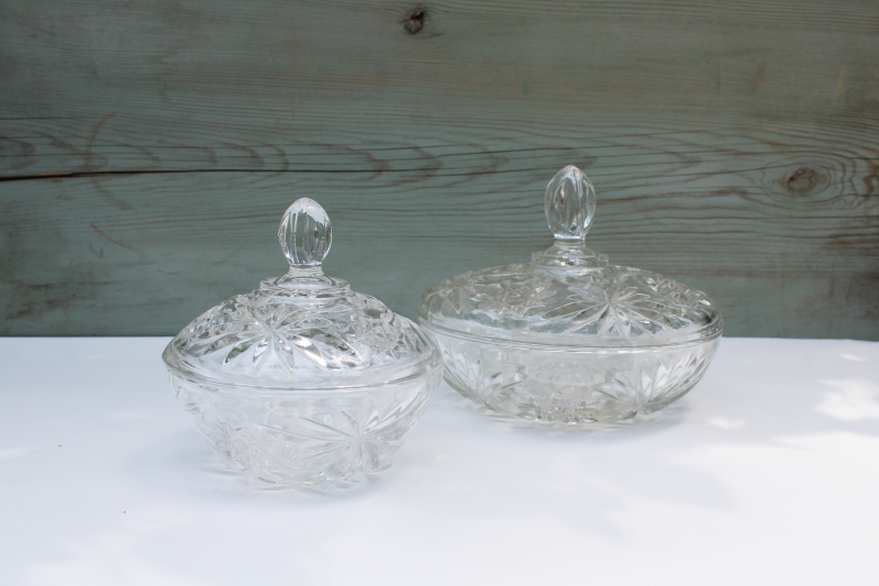 photo of vintage Anchor Hocking EAPC Prescut star pattern pressed glass large & small candy dishes #1