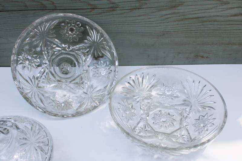 photo of vintage Anchor Hocking EAPC Prescut star pattern pressed glass large & small candy dishes #3