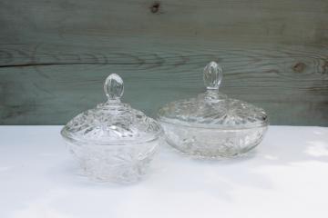 catalog photo of vintage Anchor Hocking EAPC Prescut star pattern pressed glass large & small candy dishes