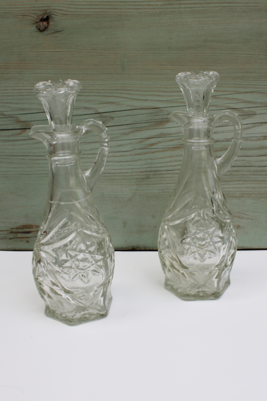 photo of vintage Anchor Hocking EAPC Prescut star pressed glass cruet bottle set, pitchers w/ stoppers #1