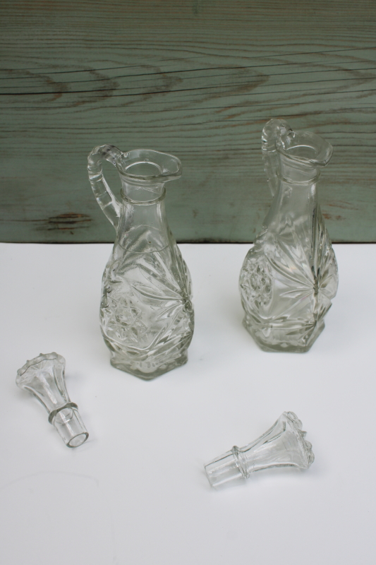 photo of vintage Anchor Hocking EAPC Prescut star pressed glass cruet bottle set, pitchers w/ stoppers #2