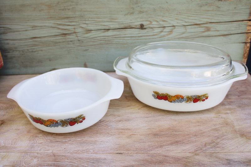 photo of vintage Anchor Hocking Fire King milk glass casseroles, colorful fruit pattern #1