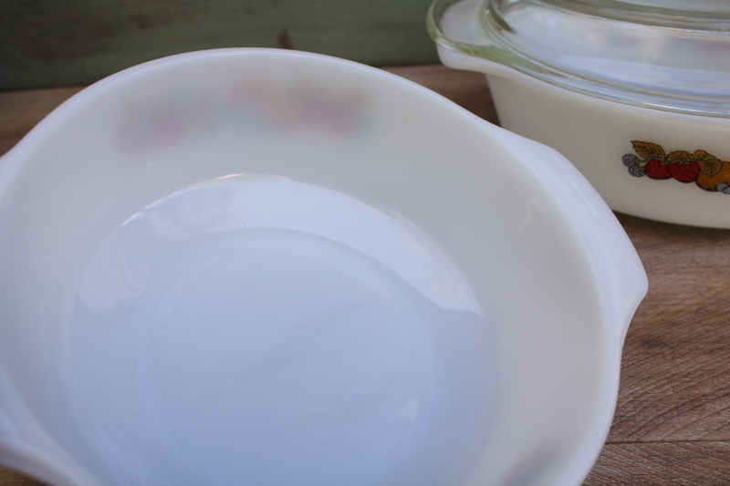 photo of vintage Anchor Hocking Fire King milk glass casseroles, colorful fruit pattern #3