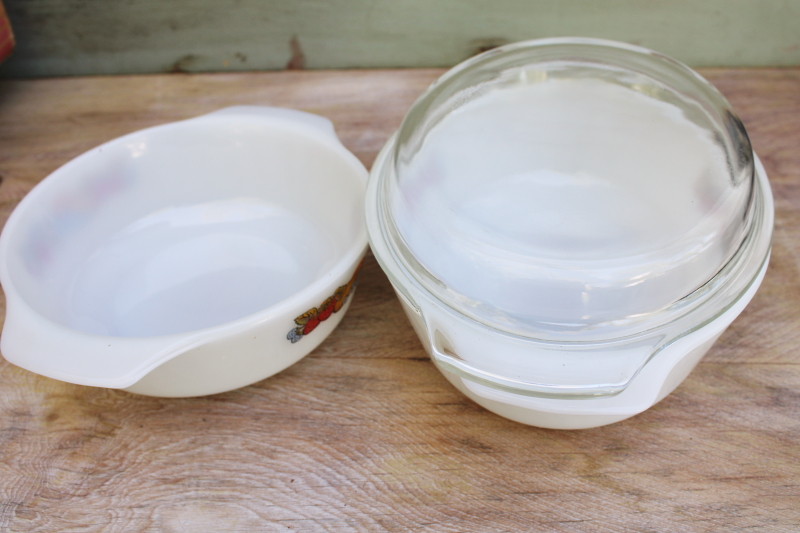 photo of vintage Anchor Hocking Fire King milk glass casseroles, colorful fruit pattern #7