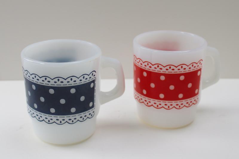 photo of vintage Anchor Hocking Fire King milk glass red & blue polka dots lace pattern #1