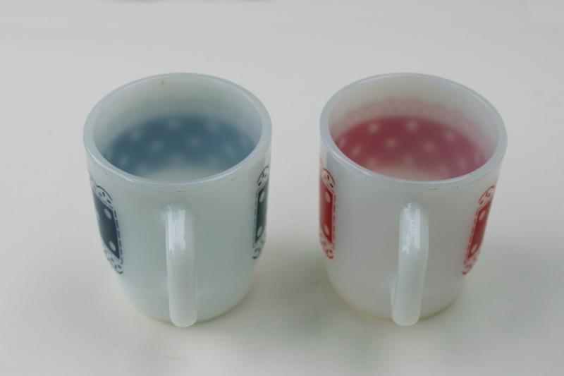 photo of vintage Anchor Hocking Fire King milk glass red & blue polka dots lace pattern #6