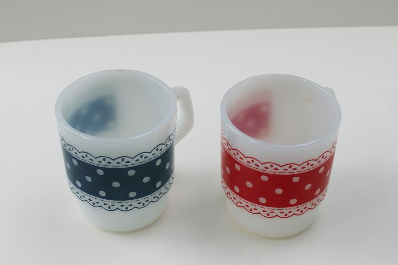 photo of vintage Anchor Hocking Fire King milk glass red & blue polka dots lace pattern #7