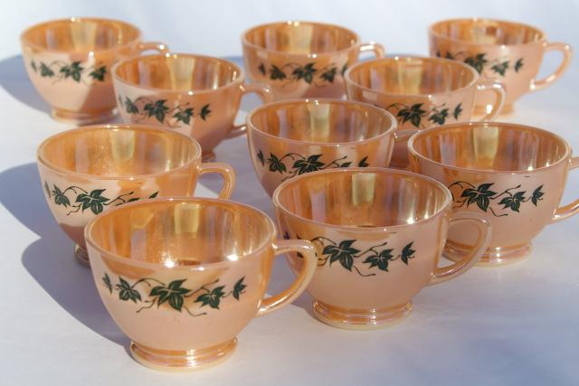 photo of vintage Anchor Hocking Fire King peach luster copper tint punch cups w/ black ivy leaves #2