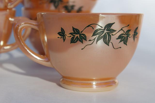 photo of vintage Anchor Hocking Fire King peach luster copper tint punch cups w/ black ivy leaves #4