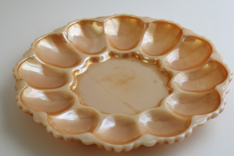 photo of vintage Anchor Hocking Fire King peach luster glass egg plate, serving tray for deviled eggs #1