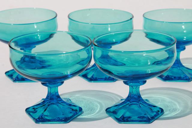 photo of vintage Anchor Hocking Flair sherbet glasses, laser blue glass stemware #1