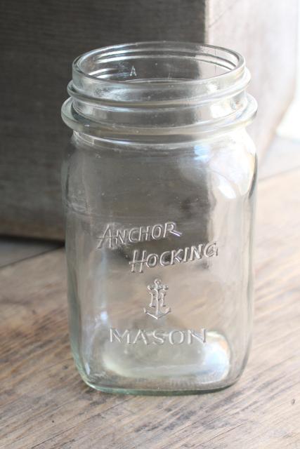 photo of vintage Anchor Hocking Mason jar, square pint size clear glass canning jar #1