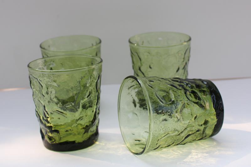 photo of vintage Anchor Hocking Milano crinkle textured glass lowballs, avocado green #1