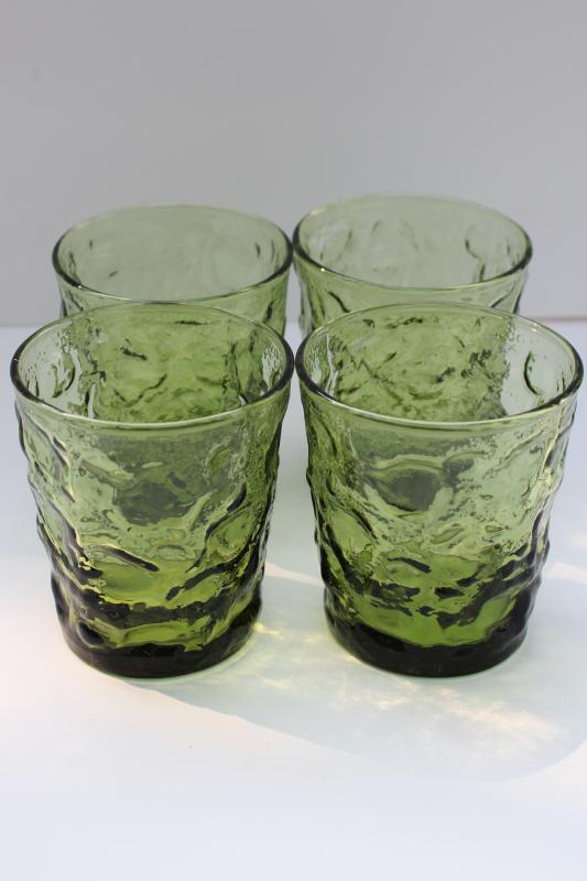 photo of vintage Anchor Hocking Milano crinkle textured glass lowballs, avocado green #2