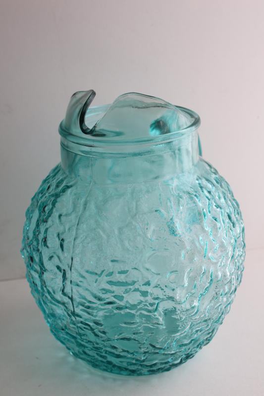 photo of vintage Anchor Hocking Milano crinkle textured glass pitcher, icy aqua blue color #2