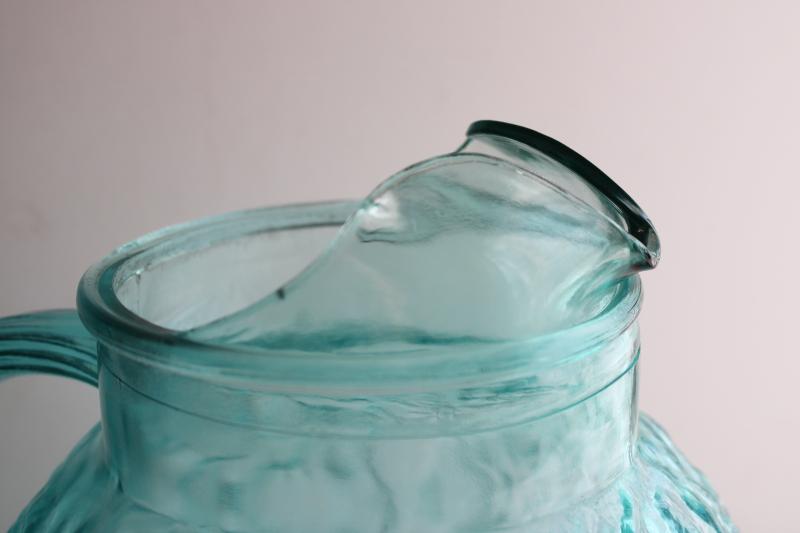 photo of vintage Anchor Hocking Milano crinkle textured glass pitcher, icy aqua blue color #3