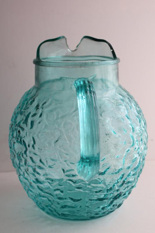 photo of vintage Anchor Hocking Milano crinkle textured glass pitcher, icy aqua blue color #4