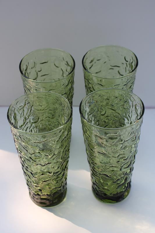 photo of vintage Anchor Hocking Milano crinkle textured glass tall tumblers, avocado green #3