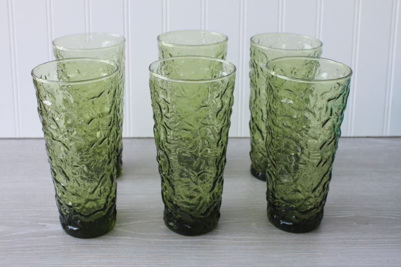 photo of vintage Anchor Hocking Milano crinkle textured glass tall tumblers, avocado green #1