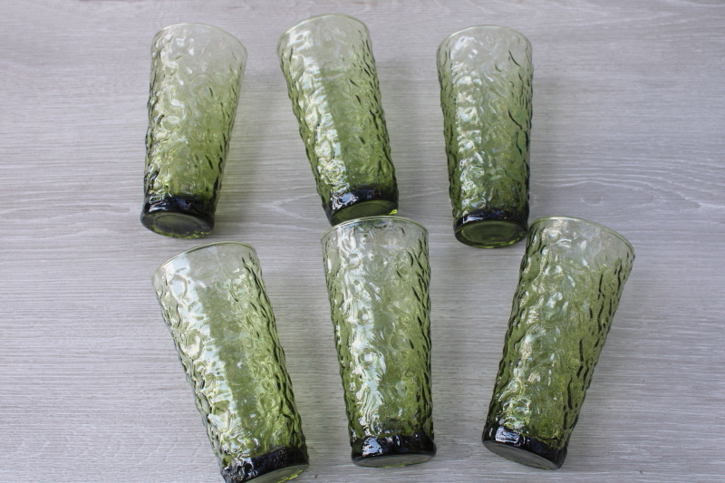 photo of vintage Anchor Hocking Milano crinkle textured glass tall tumblers, avocado green #3