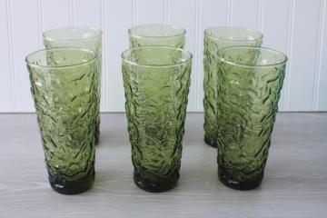 vintage Anchor Hocking Milano crinkle textured glass tall tumblers, avocado green